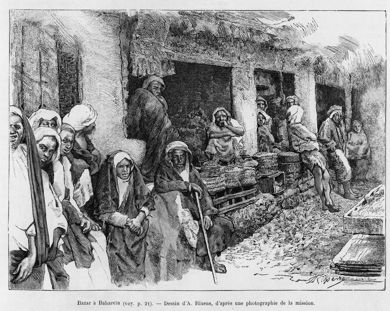 Bazaar in Bahrein, Tsjaad. Gravure door A. Rixens ter illustratie van het verhaal 