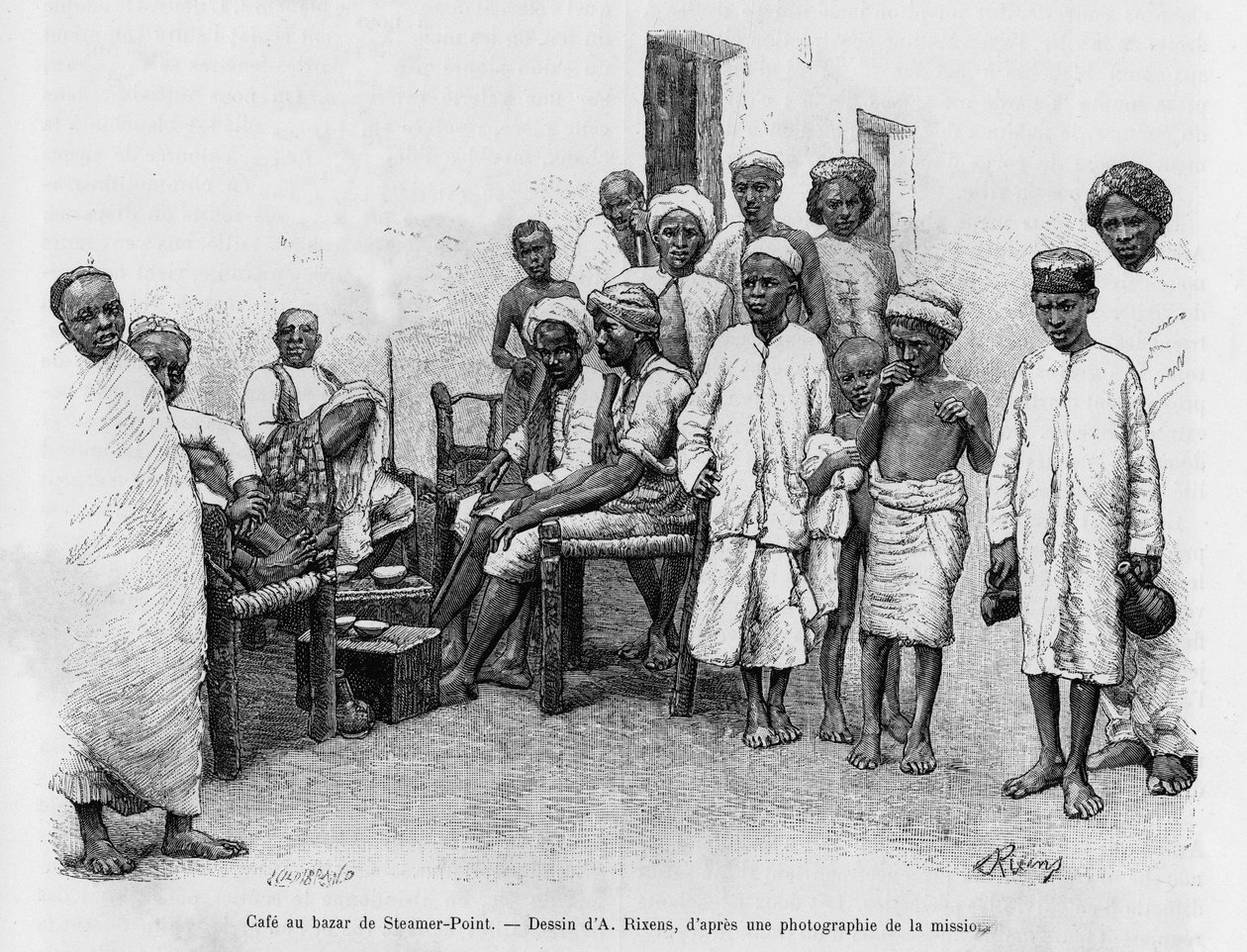 Café bij Steamer Point Bazaar, Aden, Jemen. Gravure door A. Rixens ter illustratie van het verhaal 