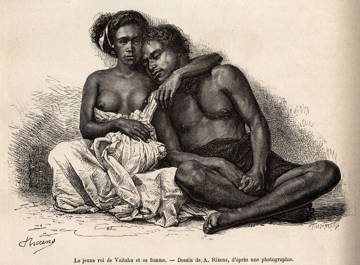 De jonge koning van Vaitatu, op het eiland Tauata, in de archipel van de Marquesaseilanden, omarmd door zijn vrouw, gegraveerd naar een tekening van A.Rixens ter illustratie van de herinneringen aan de Stille Oceaan, 1872-1874, door A.Pailhes, een scheepsa door Jean Andre Rixens