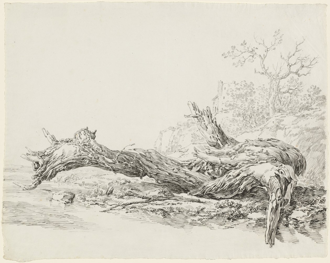 Een oude boom gevallen naast een stroom door Jean Antoine Constantin
