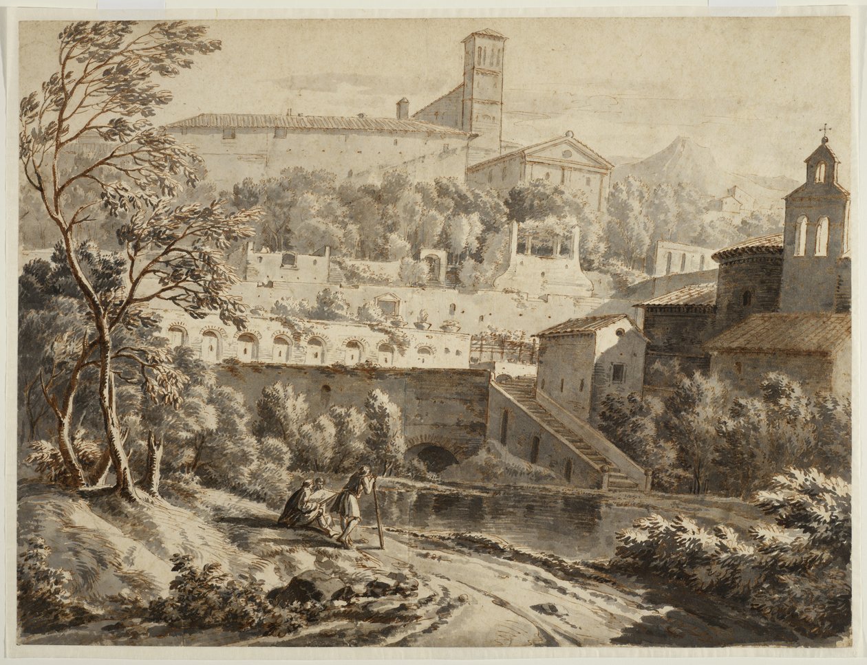 Een kunstenaar schetst langs een rivier, onder een Italiaanse stad, c.1780 door Jean Antoine Constantin
