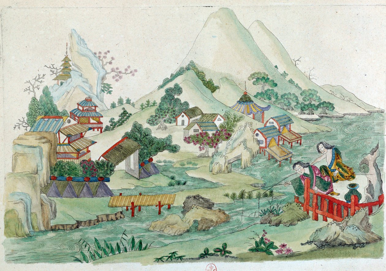 Tekening van een Chinese vaas: landschap met rivier en figuren door Jean Antoine Fraisse