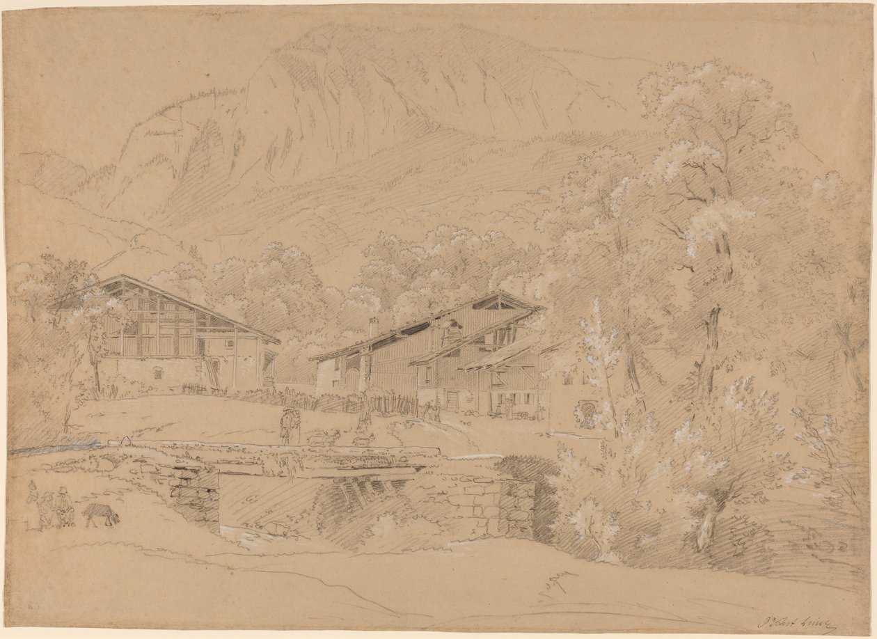 Een zomers alpendorp (zwart krijt en grafiet gehoogd met wit krijt op bruin papier) door Jean Antoine Linck