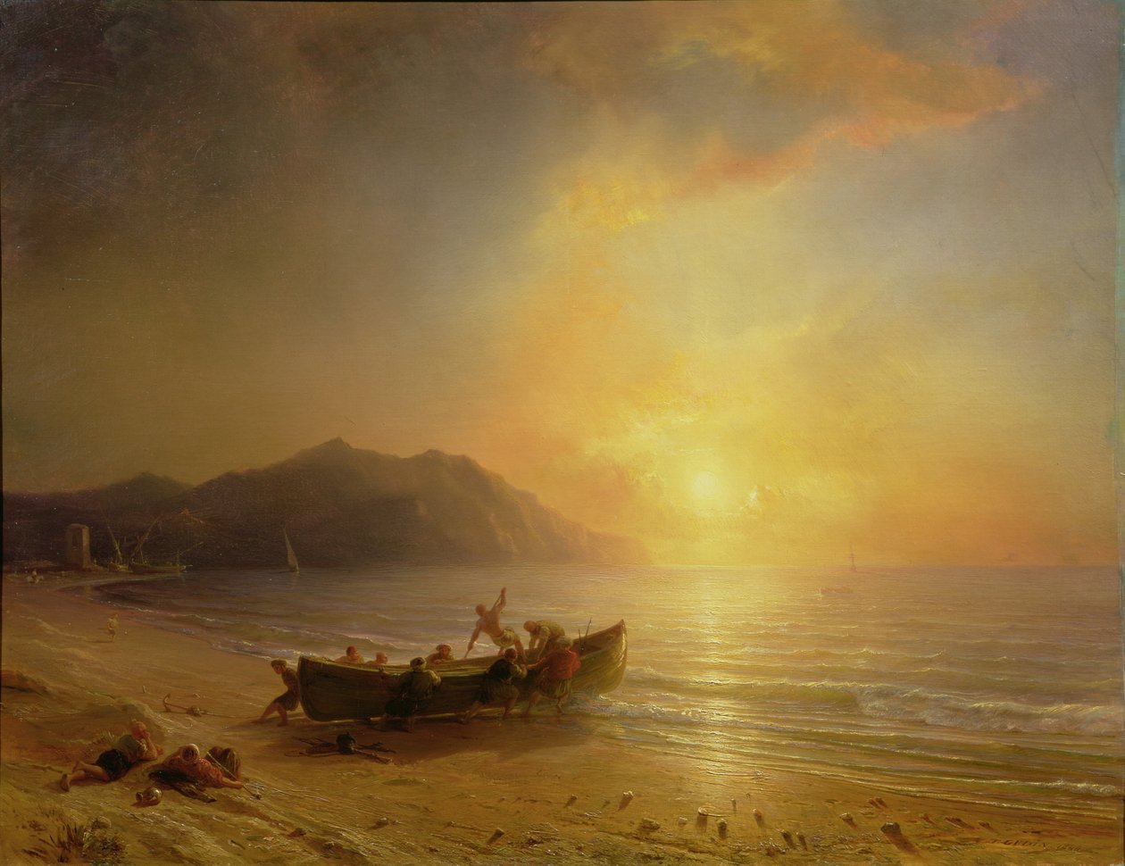 Een kustlandschap met Arabische vissers die een boot te water laten bij zonsondergang door Jean Antoine Theodore Gudin