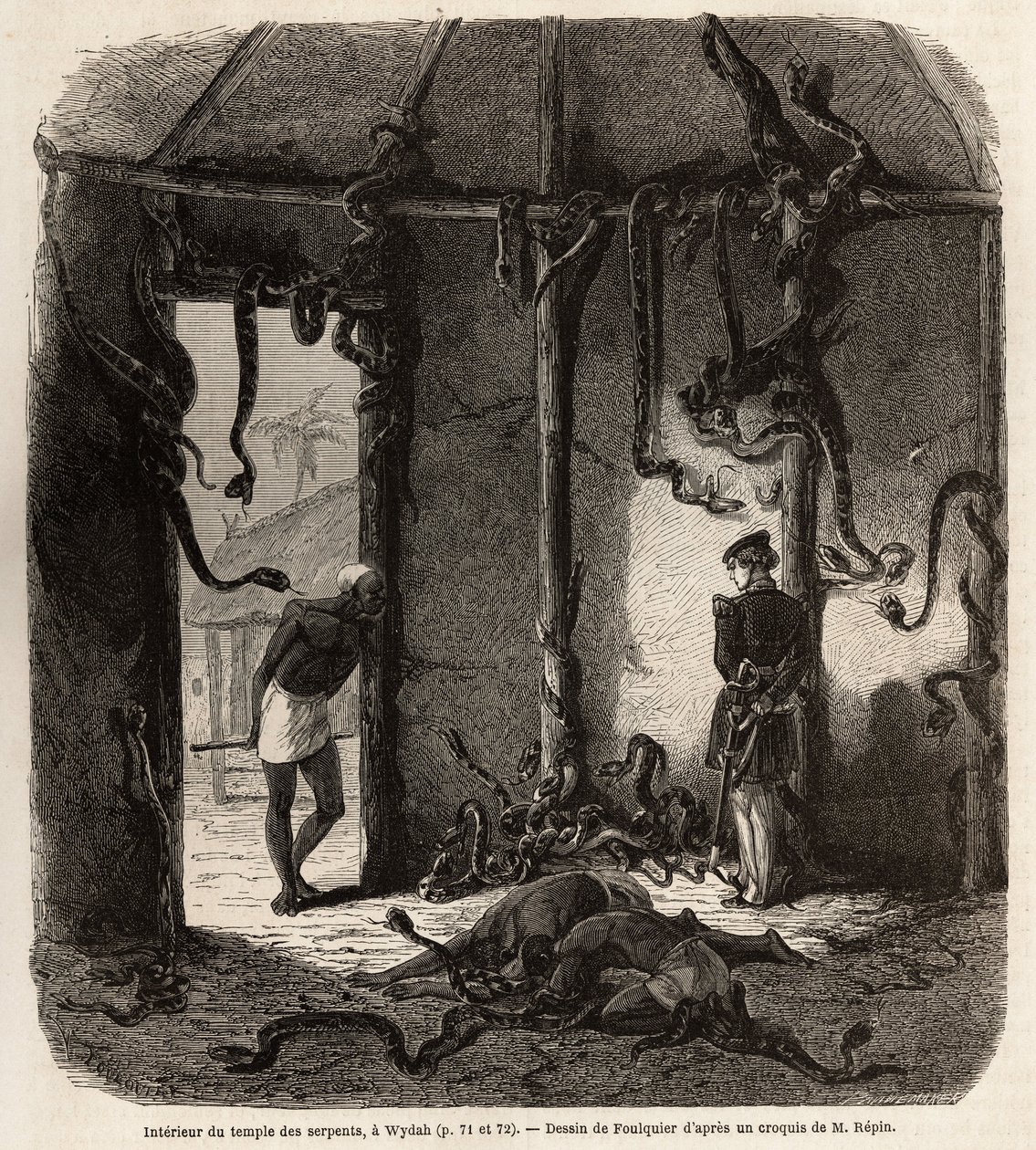 Binnen in de tempel van fetisjslangen, in Wydah, in Dahomey (het huidige Benin), tekening door Jean Antoine Foulquier (1822-1896), ter illustratie van de reis van Dr. Repin naar Dahomey in 1860. Gravure in "Le tour du monde", uitgegeven door Edouard Charto door Jean Antoine Valentin Foulquier