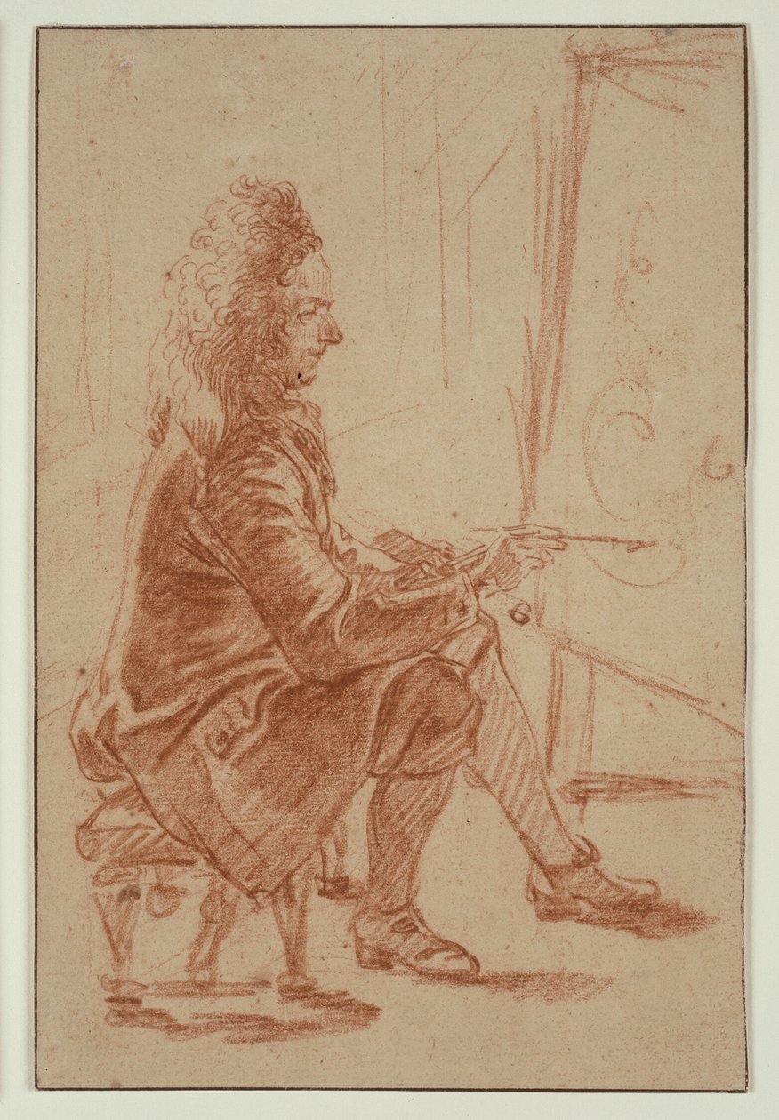 Een bebrilde schilder (mogelijk Claude Audran), zittend achter zijn schildersezel, gezien in profiel door Jean Antoine Watteau