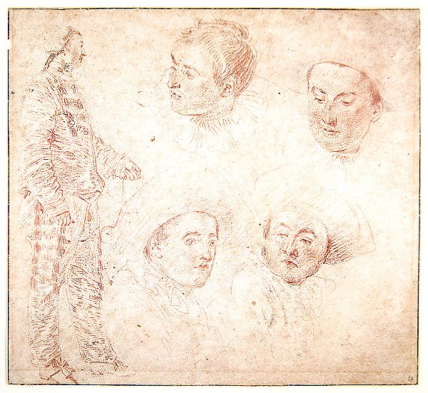 Een Karakter en Vier Hoofden door Jean Antoine Watteau
