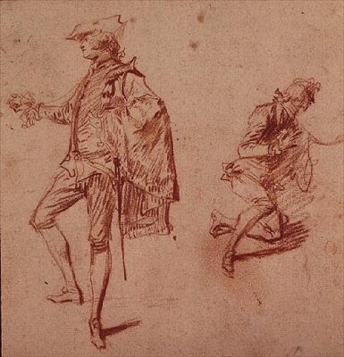 Tekening van een jonge man staand en een andere knielend door Jean-Antoine Watteau