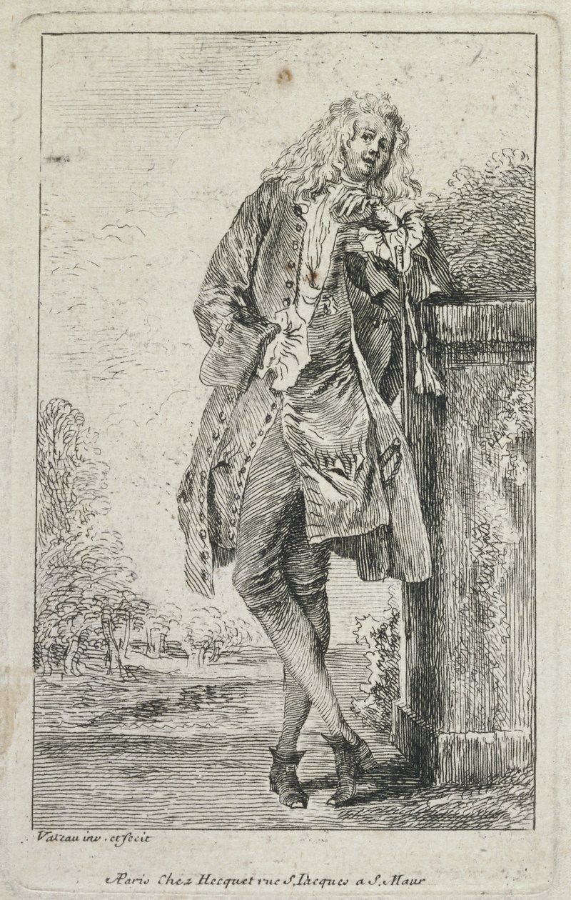 Modefiguren: Staande man Acconde door Jean Antoine Watteau