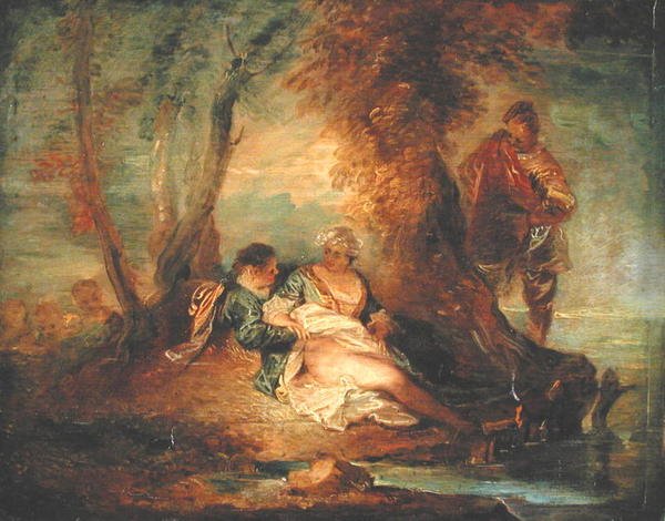 Figuren in Landschap, c.1700 (olie op paneel) door Jean Antoine Watteau