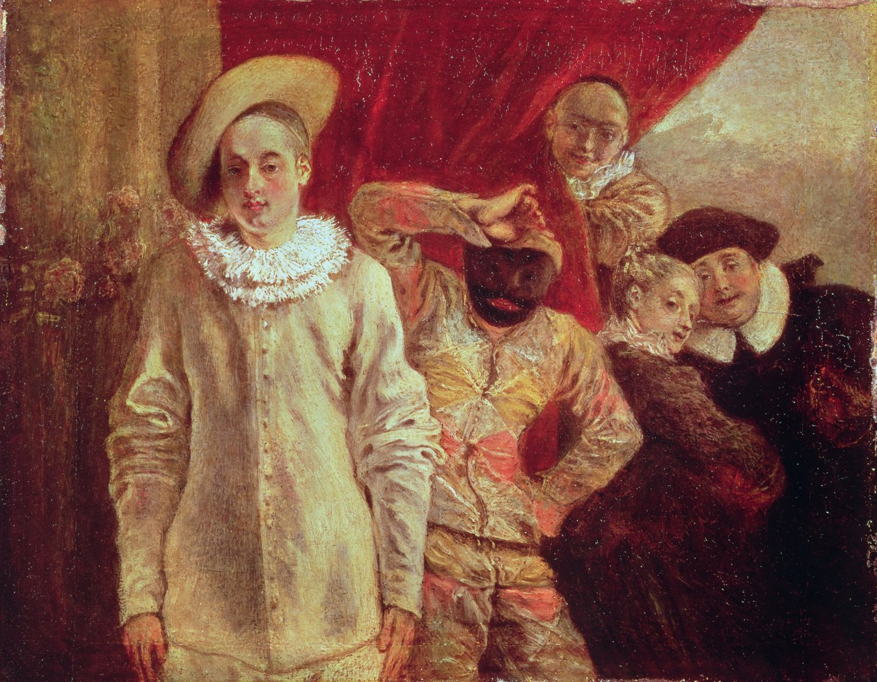 Harlekijn, Pierrot en Scapin, acteurs uit de Commedia dell