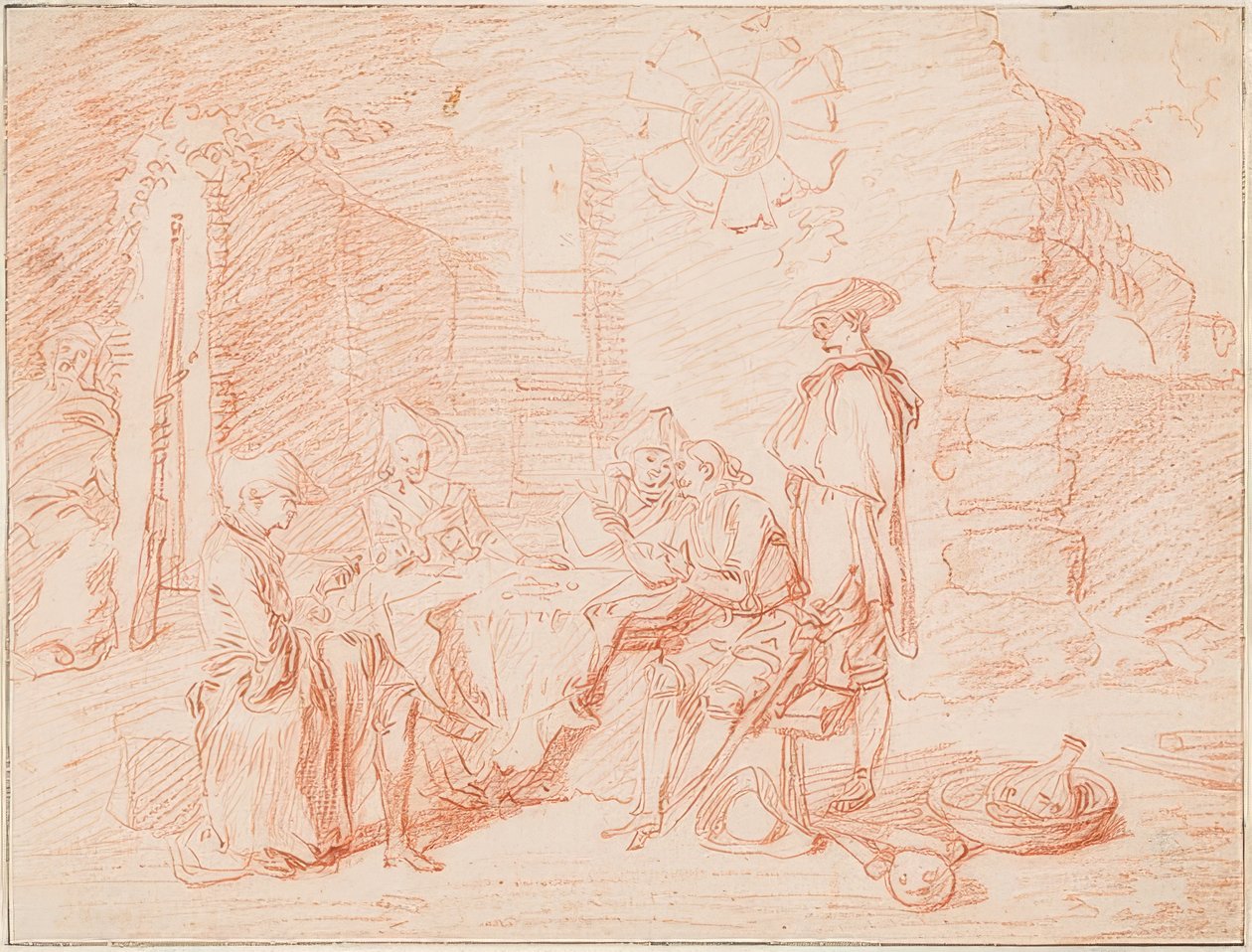 Kaartspelende soldaten voor een muur. 1709/10 door Jean Antoine Watteau