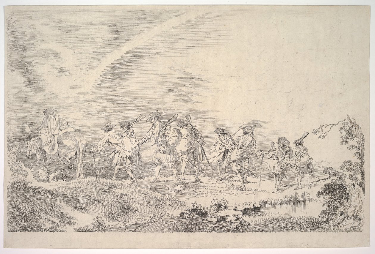 Rekruten gaan zich bij het regiment voegen, ca. 1715-16 door Jean Antoine Watteau