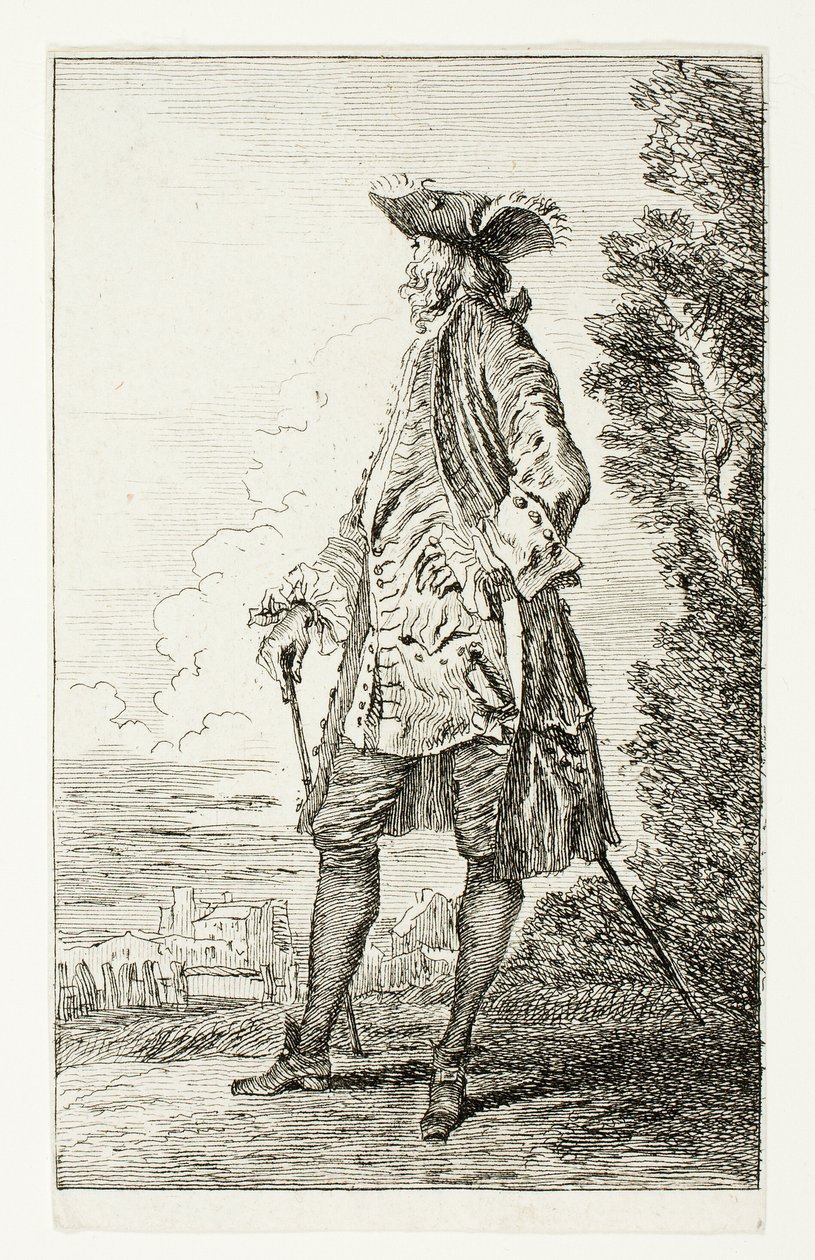 Staande man met hoed, naar links kijkend, uit Figures de Modes door Jean Antoine Watteau