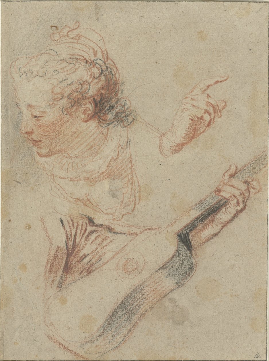 Studieblad met een neerziend meisjeskopje, een gitaar en de handen die ze bespelen door Jean Antoine Watteau