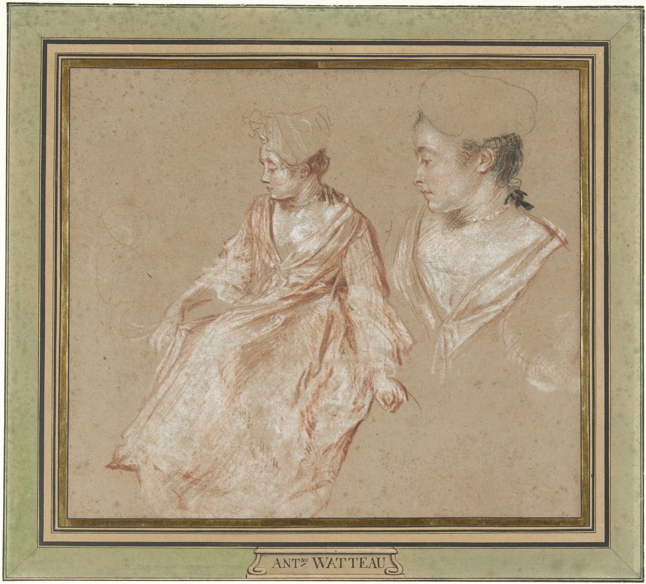 Studies van een zittende vrouw en een detail van haar hoofd en schouders door Jean Antoine Watteau