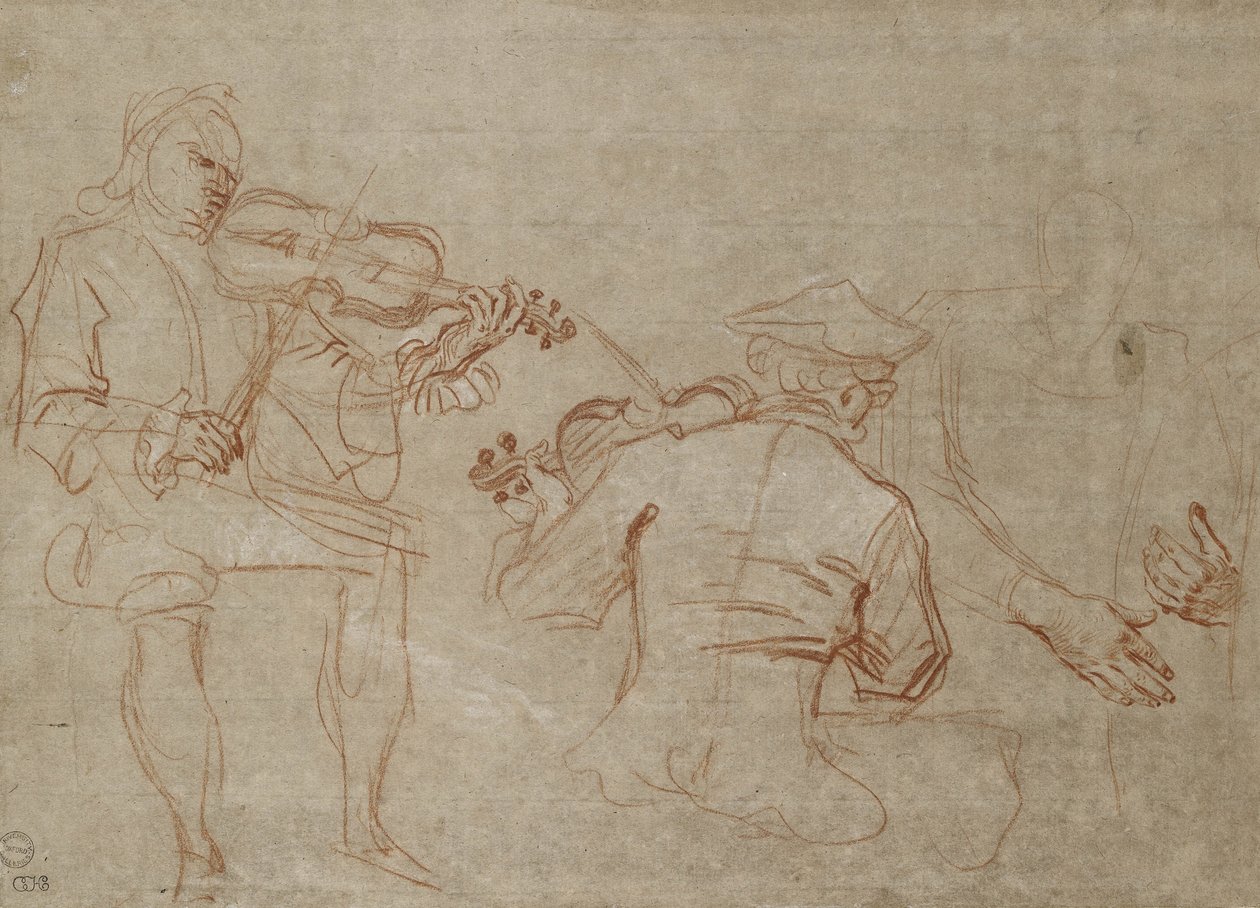 Studie van twee violisten en een paar handen, die een arm vasthouden door Jean Antoine Watteau