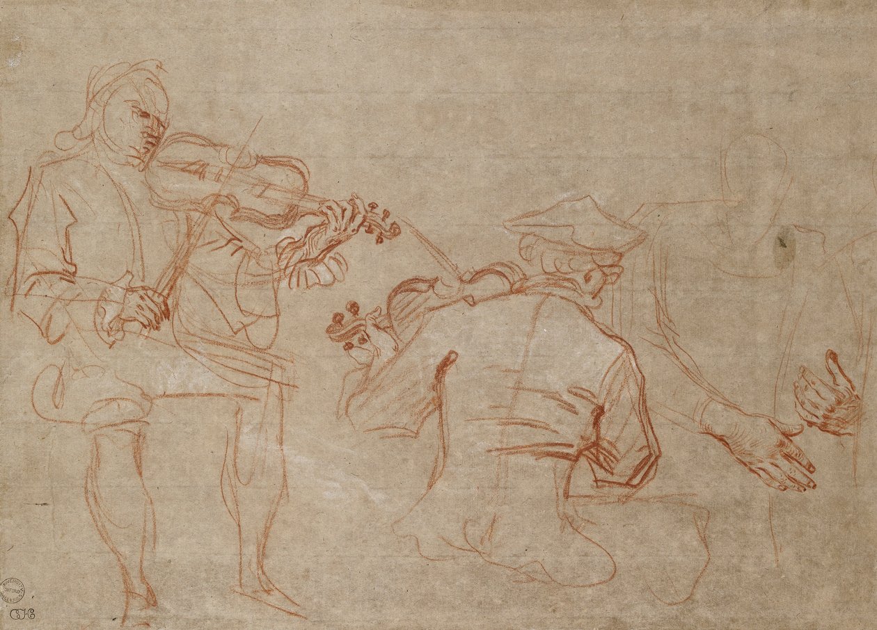 Studie van twee violisten en een paar handen, die een arm vasthouden, rechts door Jean Antoine Watteau