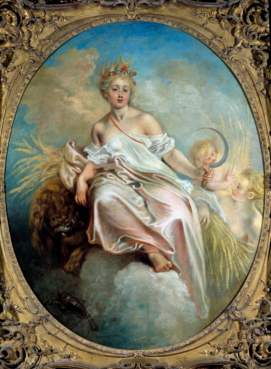 Zomer Allegorie van de Seizoenen, een jonge vrouw met een sikkel in haar hand door Jean Antoine Watteau