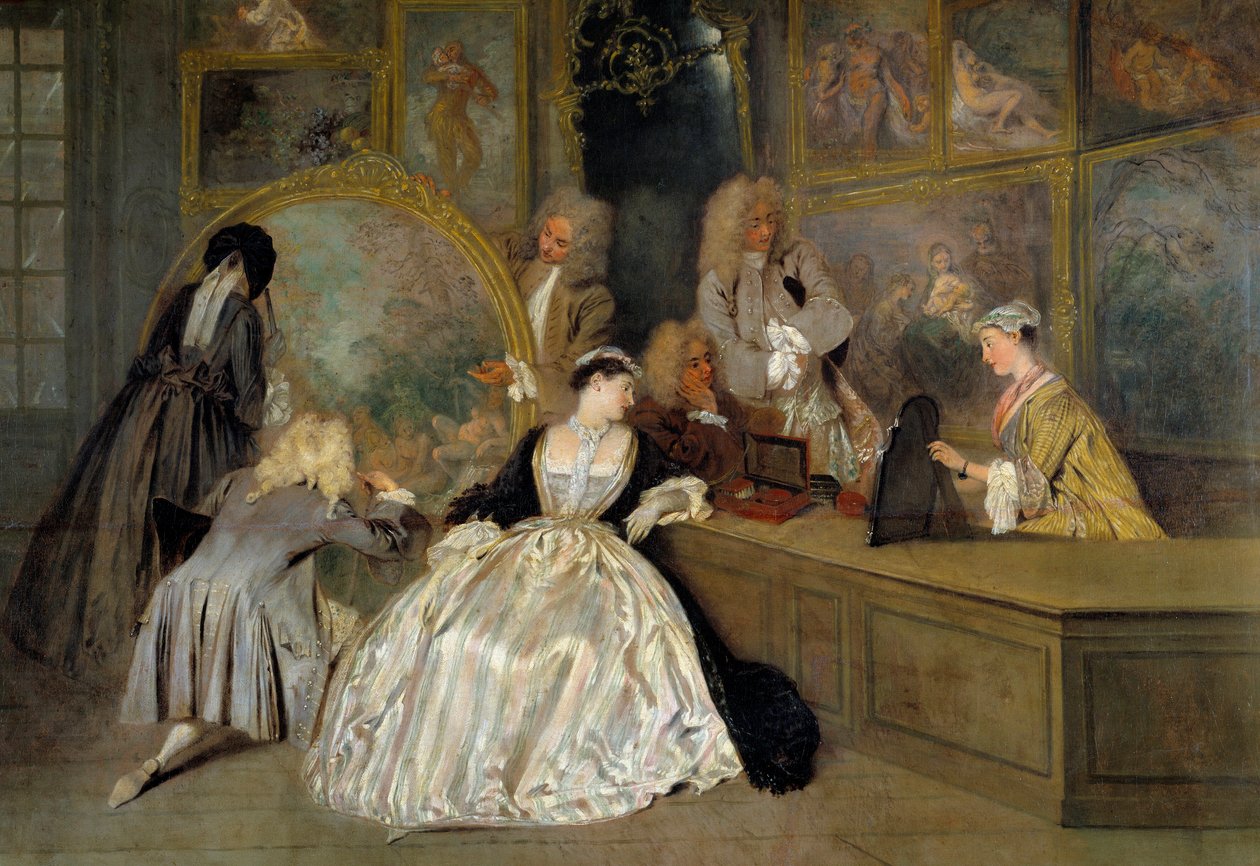 De keuze. Rechterdetail van het bord van Gersaint. Personages in een kunstwinkel die de werken kiezen die ze willen kopen. Edme Francois Gersaint (schilderij door Jean Antoine Watteau) door Jean Antoine Watteau