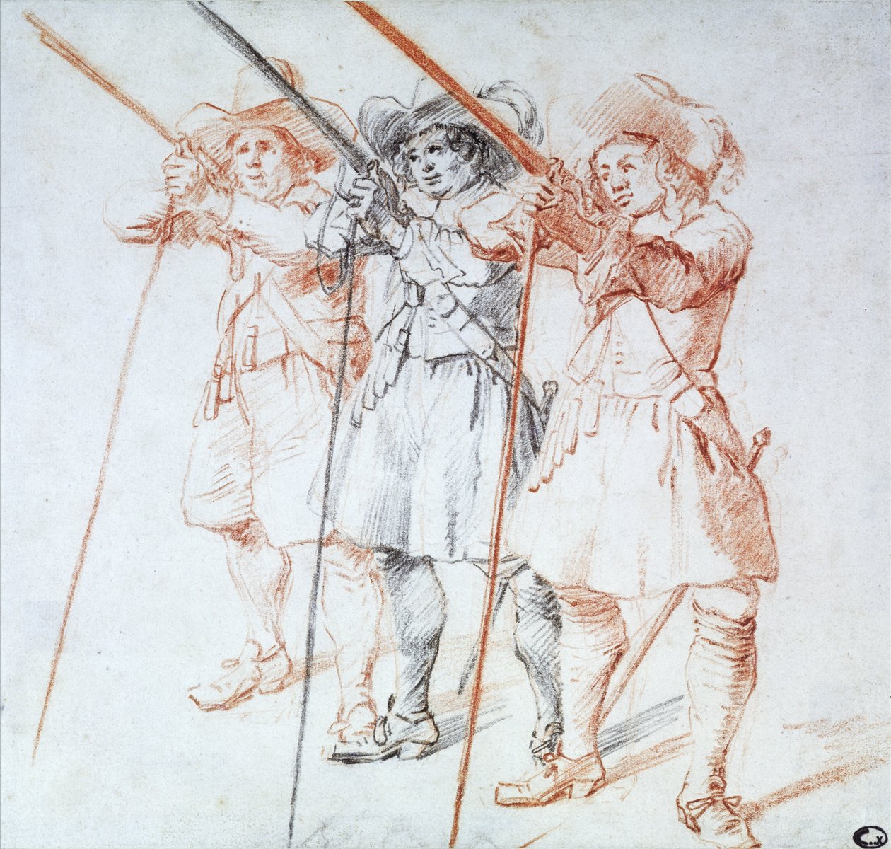 Drie Arquebusiers door Jean Antoine Watteau
