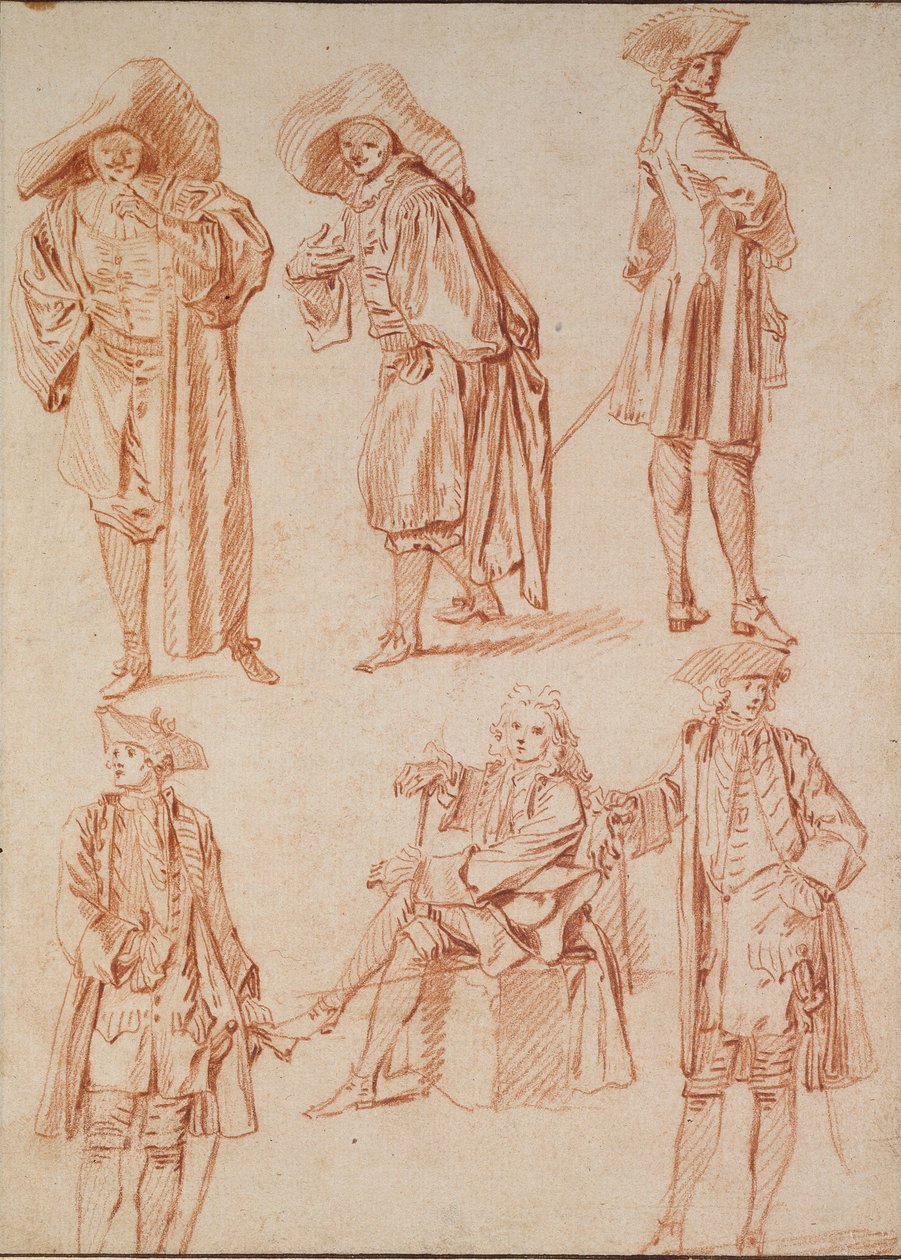 Twee studies van de dokter in de Italiaanse komedie en vier officieren, 18e eeuw door Jean Antoine Watteau