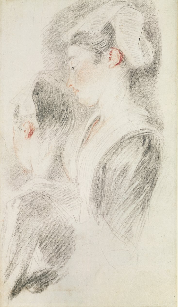 Twee studies van een vrouw, driekwart van achteren, een in profiel door Jean Antoine Watteau