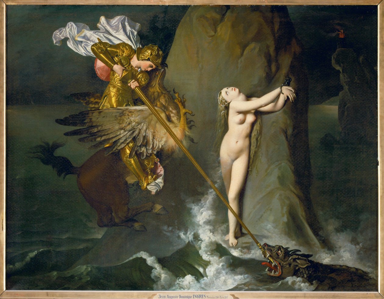 Roger en Angelique, een scène uit Ariosts Orlando ... door Jean Auguste Dominique Ingres