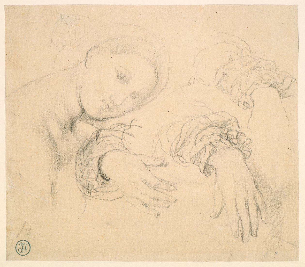 Blad met studies van het hoofd van de Fornarina en handen van Madame de Senonnes door Jean Auguste Dominique Ingres
