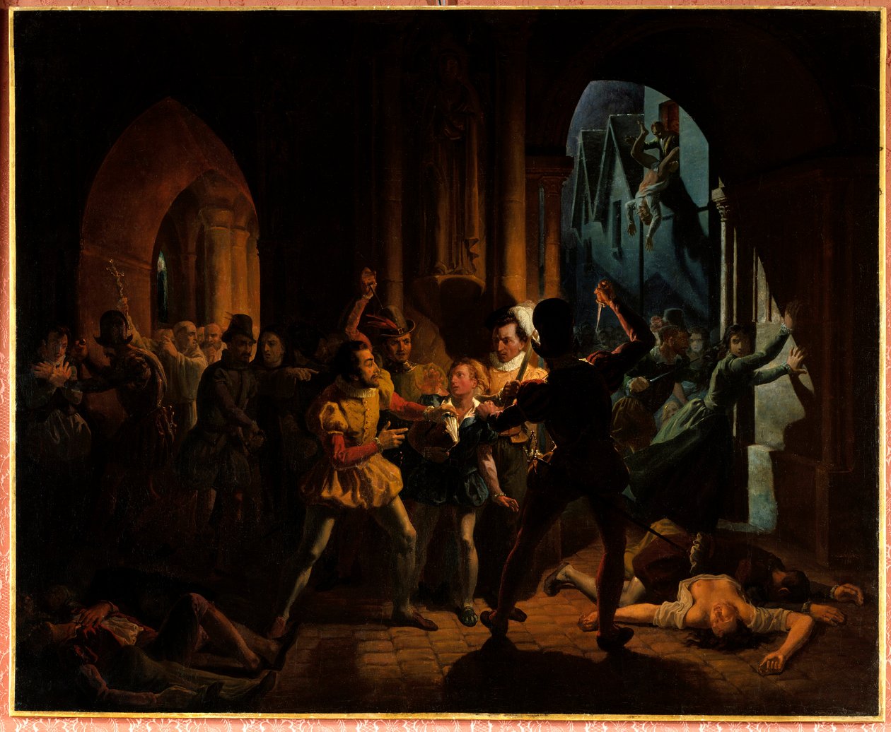Maximiliaan van Bethune ontsnapt aan het bloedbad van Saint Barthelemy. Maximiliaan van Bethune (die hertog van Sully werd 1559-1641), opgevoed aan het college van Bourgondië in Parijs, werd gered door Hendrik van Navarra (1553-1610) (toen koning Hendrik I door Jean Auguste Dubouloz