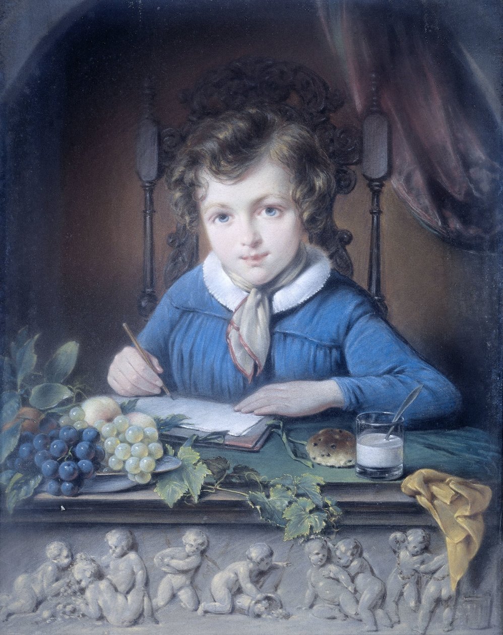 Portret van een jongen, zittend in een raamnis en gekleed in een blauw jasje door Jean Augustin Daiwaille (attributed to)