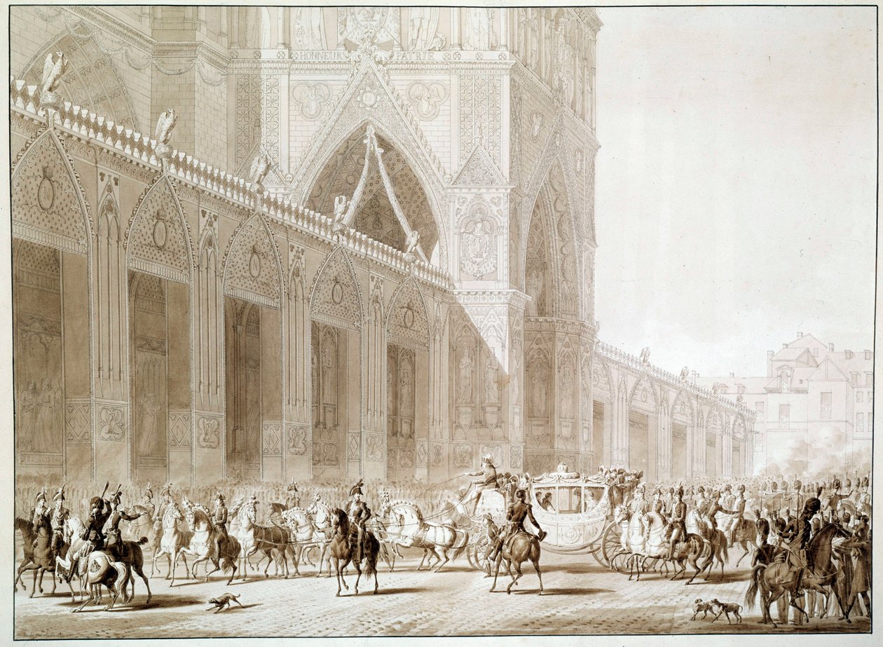 De aankomst per koets van Keizer Napoleon I en Keizerin Josephine de Beauharnais bij de Kathedraal Notre Dame de Paris op de dag van de Heilige door Jean Baptiste (after) Isabey