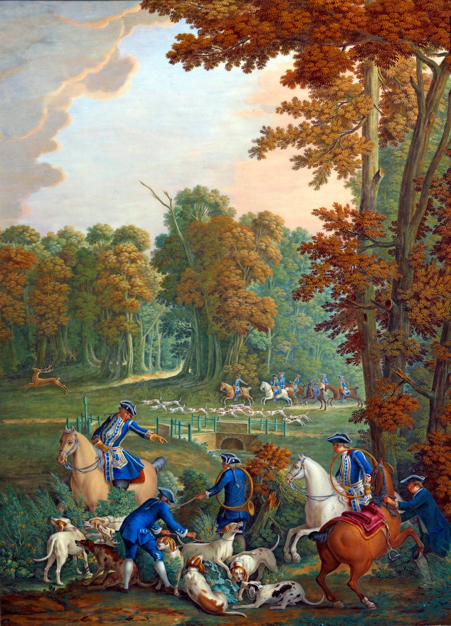 Plaquette die de jachten van Lodewijk XVI voorstelt: de relais bij het kruispunt van de Embrassade in het bos van Compiègne door Jean Baptiste (after) Oudry