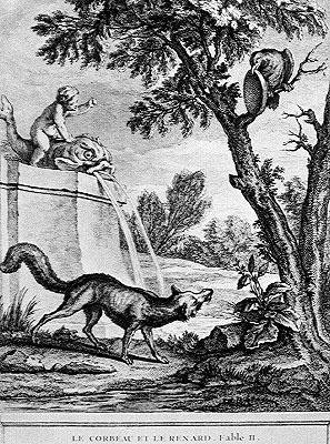 De raaf en de vos (gravure) door Jean Baptiste (after) Oudry