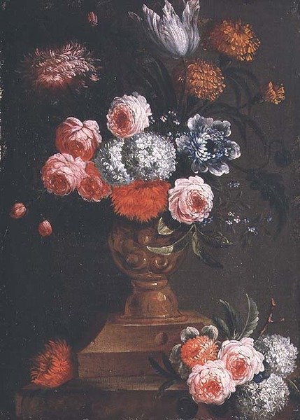 Tulpen, Goudsbloemen, Sneeuwballen, Vergeet-mij-nietjes, Rozen en andere Bloemen in een Urn door Jean Baptiste (attr. to) Bosschaert