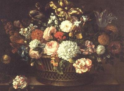 Pioenen, tulpen, narcissen en andere bloemen in een mand door Jean Baptiste (attr. to) Monnoyer
