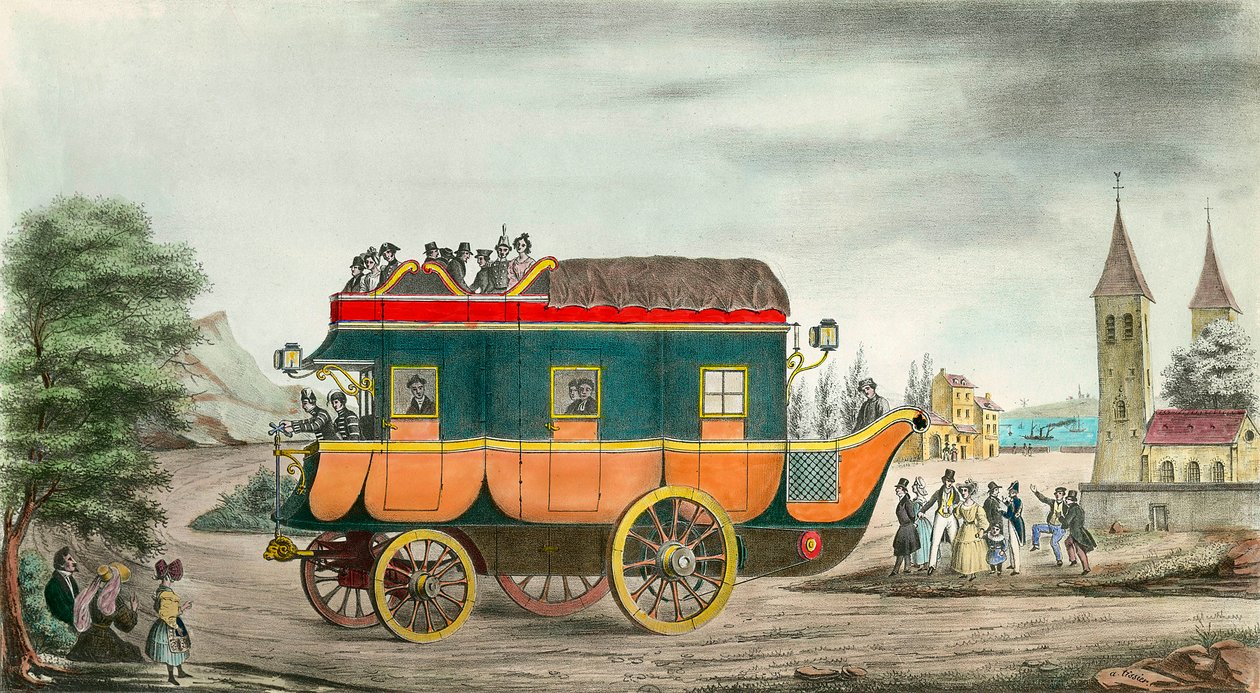 De auto (of diligence) heeft stoom: Franse uitvinding van 1835. Gravure door Ange Tissier (1814-1876). 1835. Privécollectie door Jean Baptiste Ange Tissier