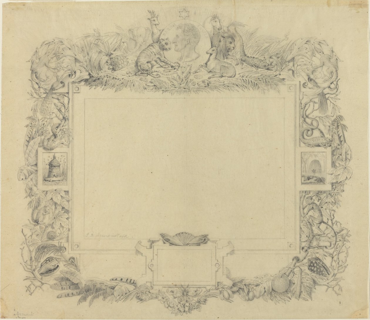 Ontwerp voor een rand met een portret van Baron Cuvier door Jean-Baptiste Arnout