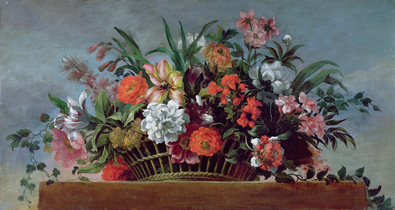Gevlochten mand gevuld met bloemen door Jean Baptiste Belin de Fontenay