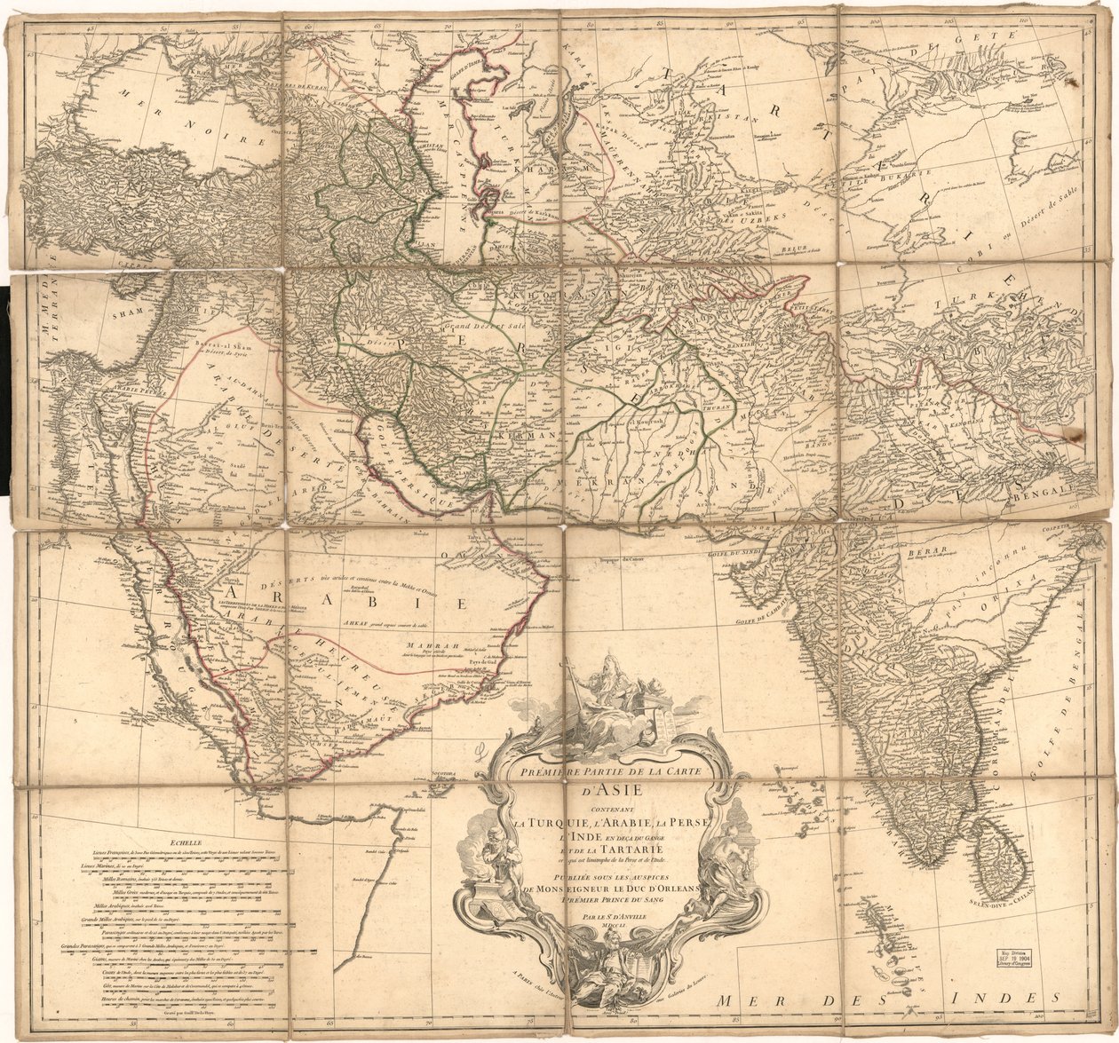 Reliëf getoond door hachures en picturaal. LC-kopie geannoteerd in inkt om grenzen te tonen. Ook beschikbaar via de website van de Library of Congress als rasterafbeelding door Jean Baptiste Bourguignon dAnville