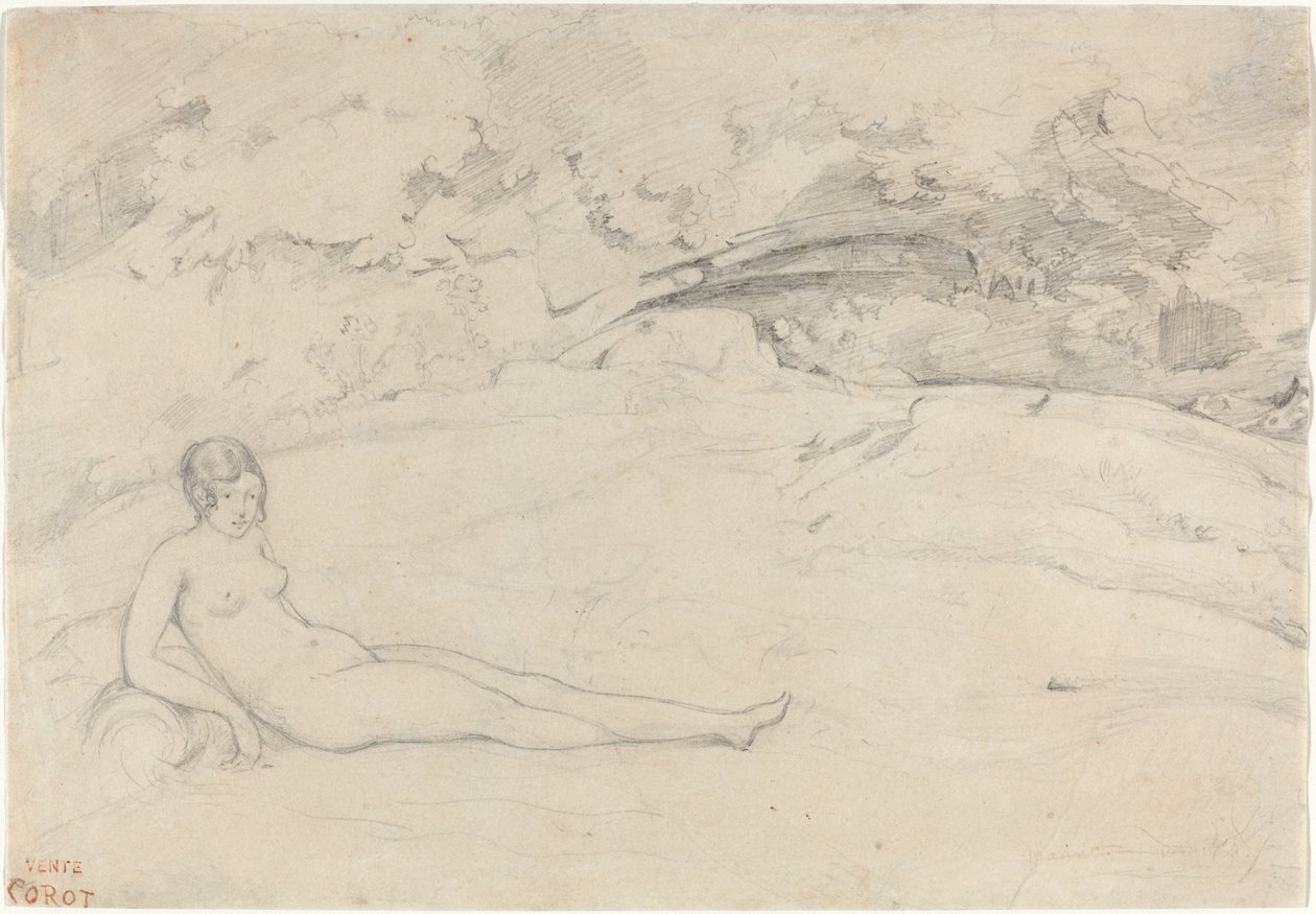 Naakt liggend in een landschap, 1825-1828 door Jean Baptiste Camille Corot