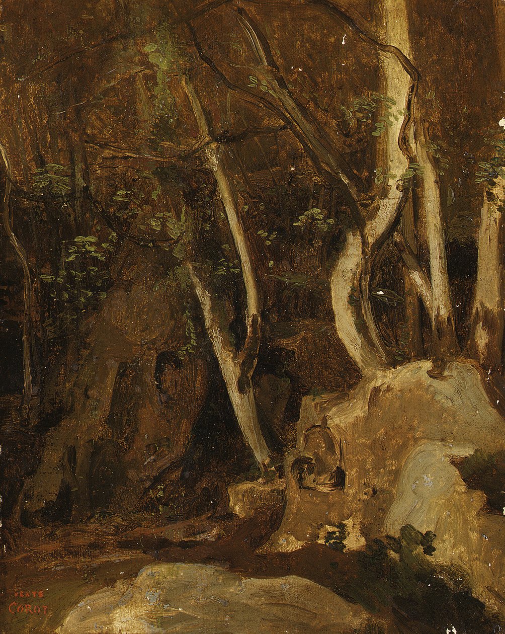 Bij Civita Castellana, beboste rotsen, 1825-28 door Jean Baptiste Camille Corot
