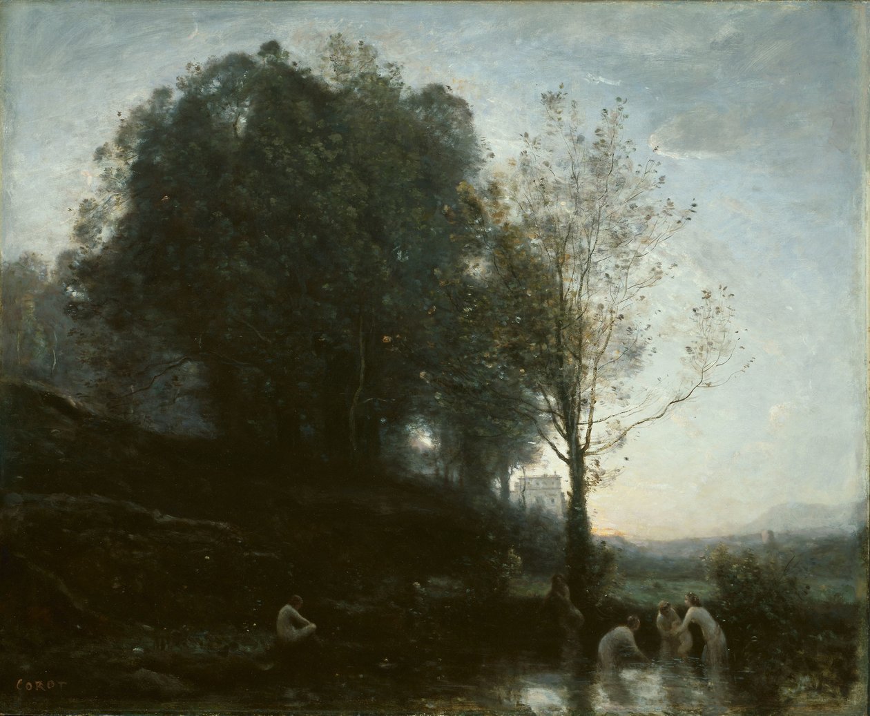 Badenimfen en kind door Jean Baptiste Camille Corot