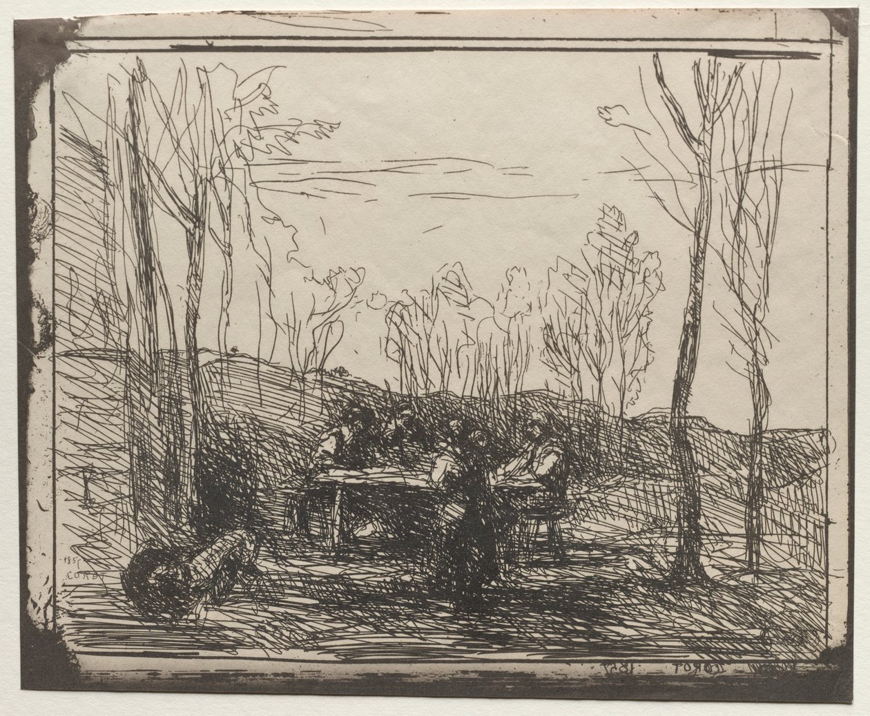 Ontbijt in een open plek, originele indruk 1857, gedrukt in 1921 door Jean Baptiste Camille Corot