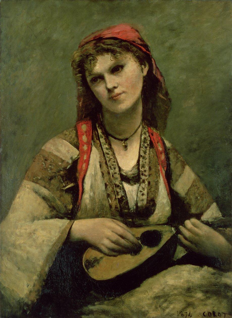 Christine Nilson (1843-1921) of De Boheemse met een mandoline door Jean Baptiste Camille Corot