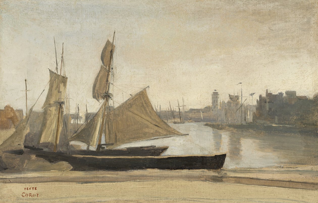 Dunkerque, Vissersboten vastgebonden aan de Kade, c.1830 door Jean Baptiste Camille Corot