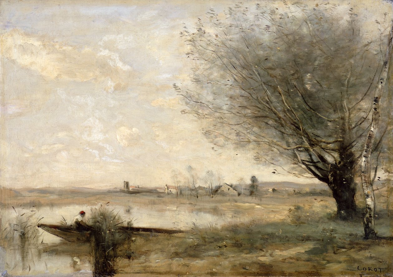 Visser aangemeerd aan een oever door Jean Baptiste Camille Corot