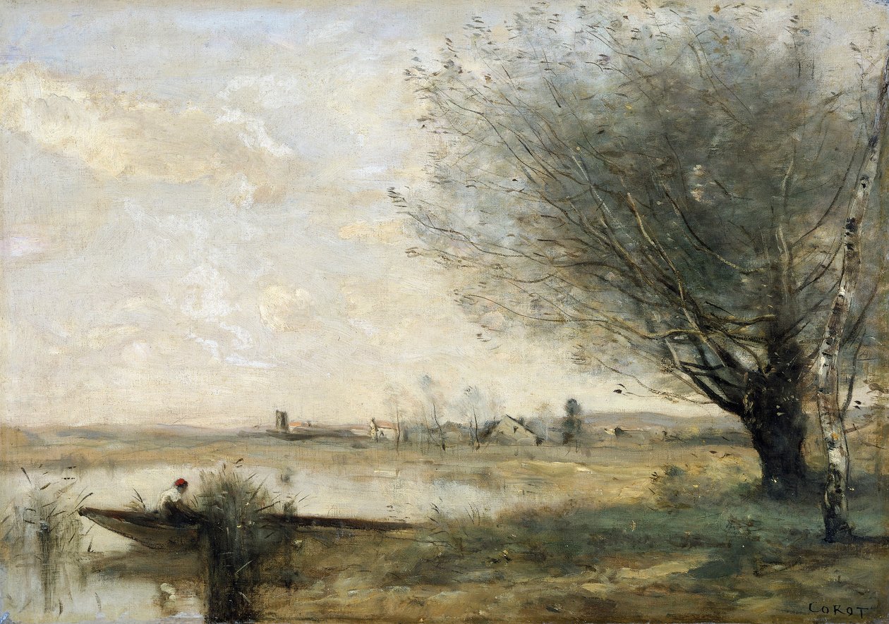 Visser aangemeerd bij een Oever door Jean Baptiste Camille Corot