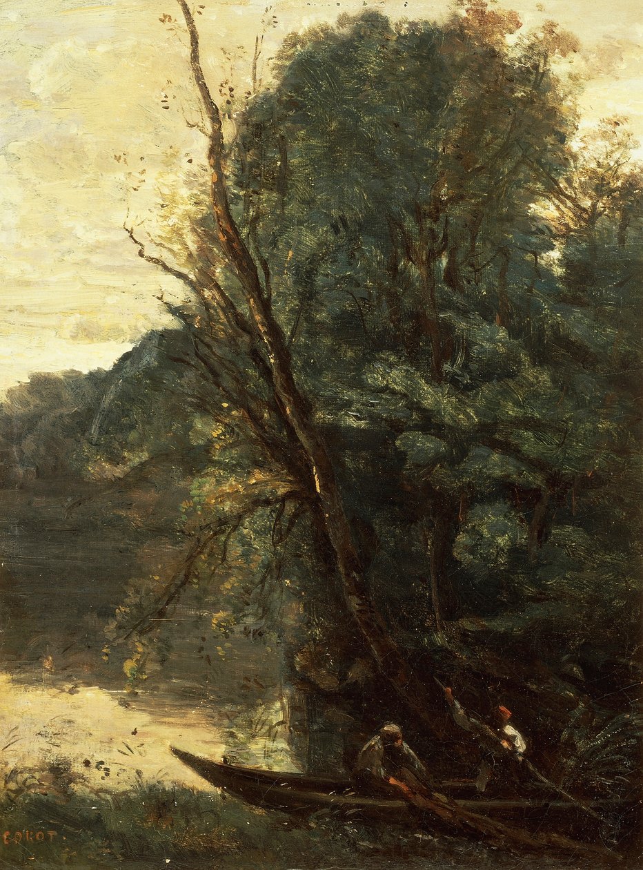 Vissen met netten, avond door Jean Baptiste Camille Corot