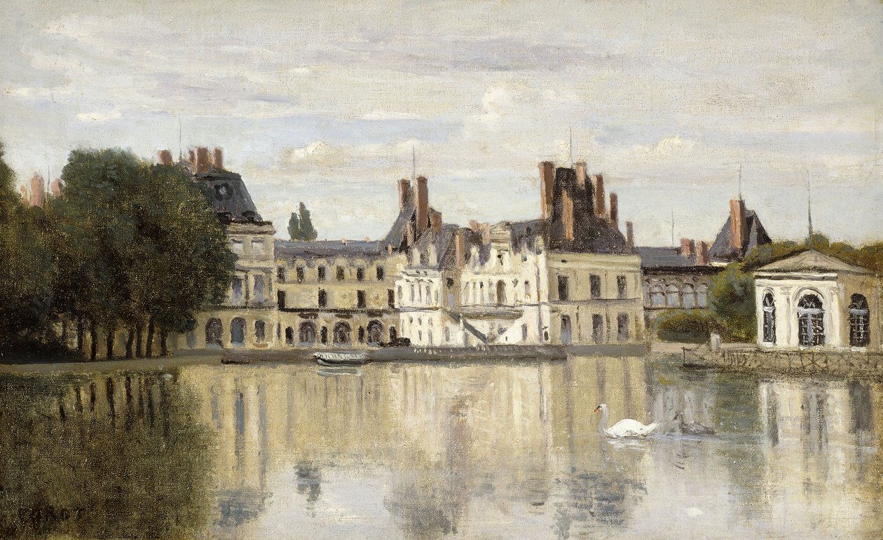Fontainebleau - Uitzicht op het kasteel en het meer door Jean Baptiste Camille Corot